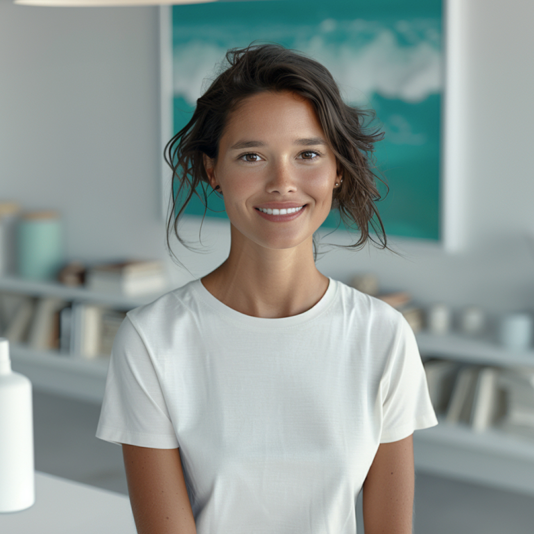 A young woman with medium-length wavy hair wearing a plain white t-shirt, smiling warmly in a bright, modern interior with bookshelves in the background.