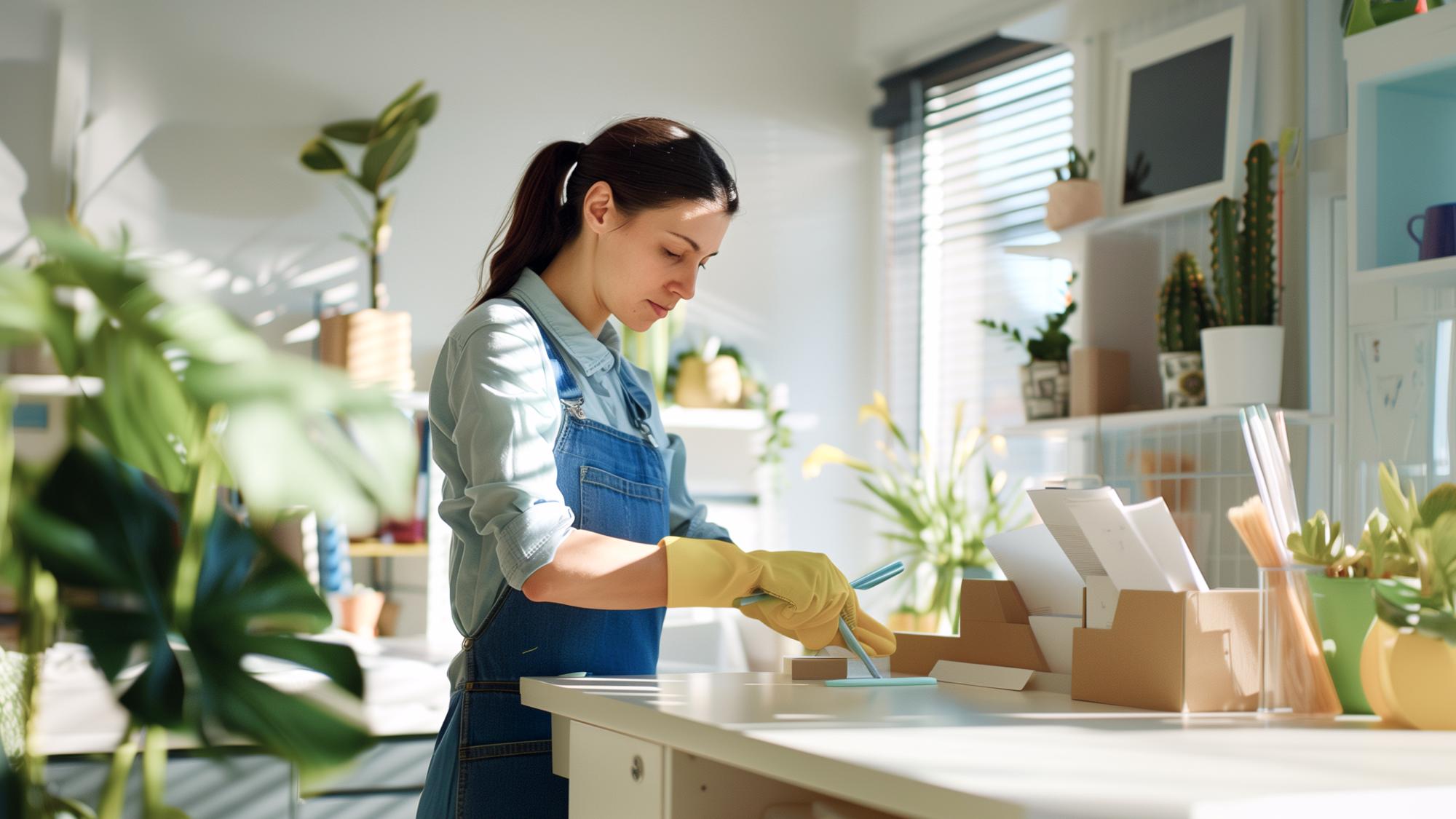 A woman in a blue apron and yellow gloves is cleaning or organizing items on a table in a bright, plant-filled space with natural light.
